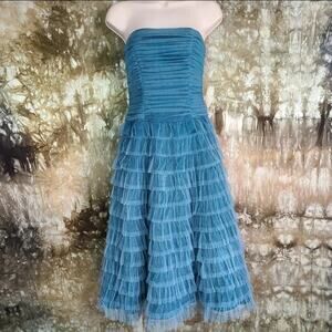 DRESS Dorian Ho collection designer Teal Strapless Mesh Ruffle Dress sz 6